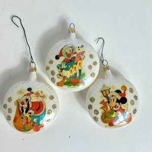 Vintage Disney Glass Round Flat Ornaments Mickey, Donald, Goofy; Set of 3 w Box